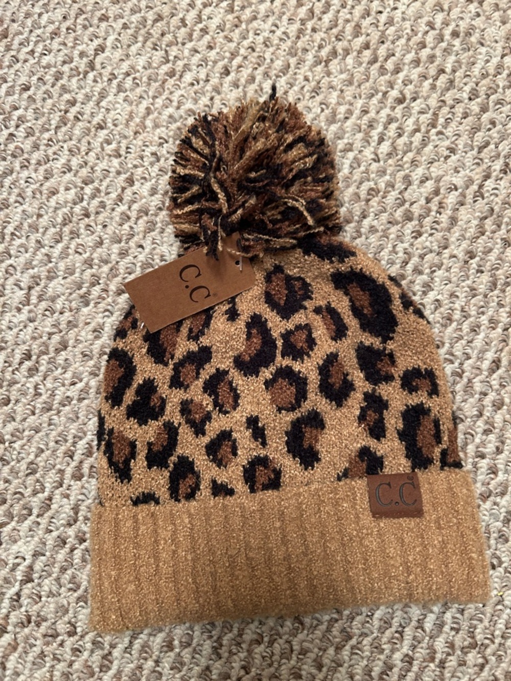 C.C  Leopard Pom Beanie - Tan and Black